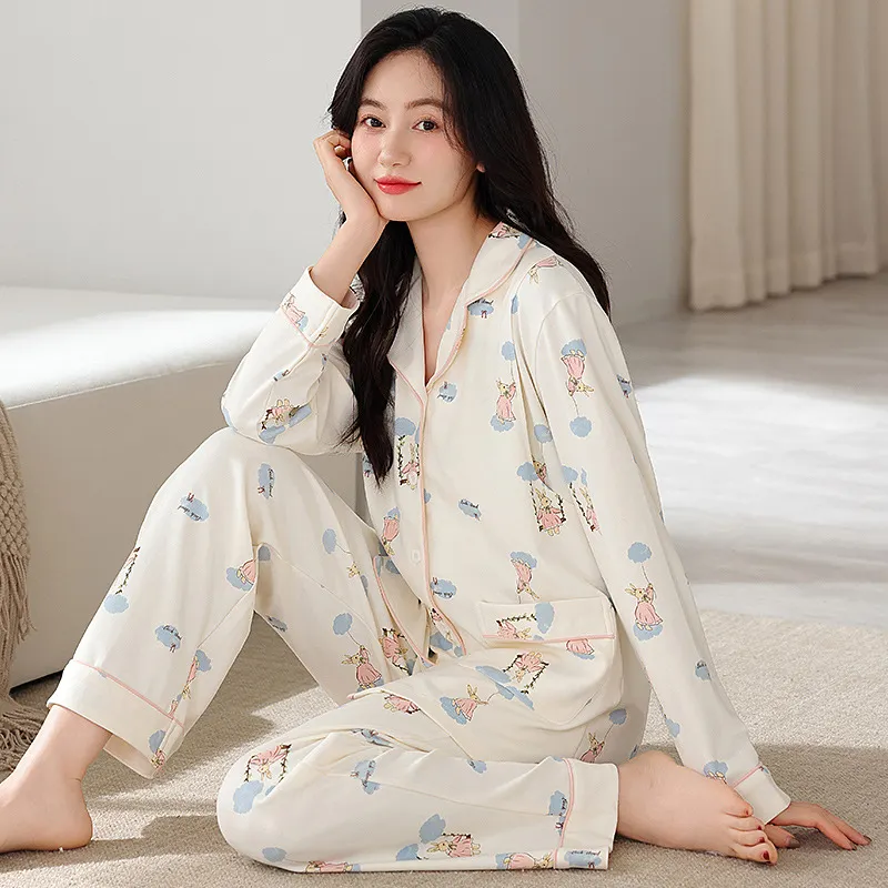 新款纯棉孕妇月子服春秋卡通印花开衫翻领长袖哺乳睡衣家居服套装
