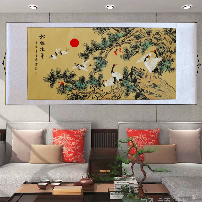 新中式手绘茶室装饰画横幅客厅沙发背景墙面壁画床头花鸟禅意挂画图片