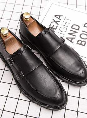 影楼发型师男士商务正装皮鞋潮流僧侣鞋牛皮搭扣孟克鞋绅士手工鞋