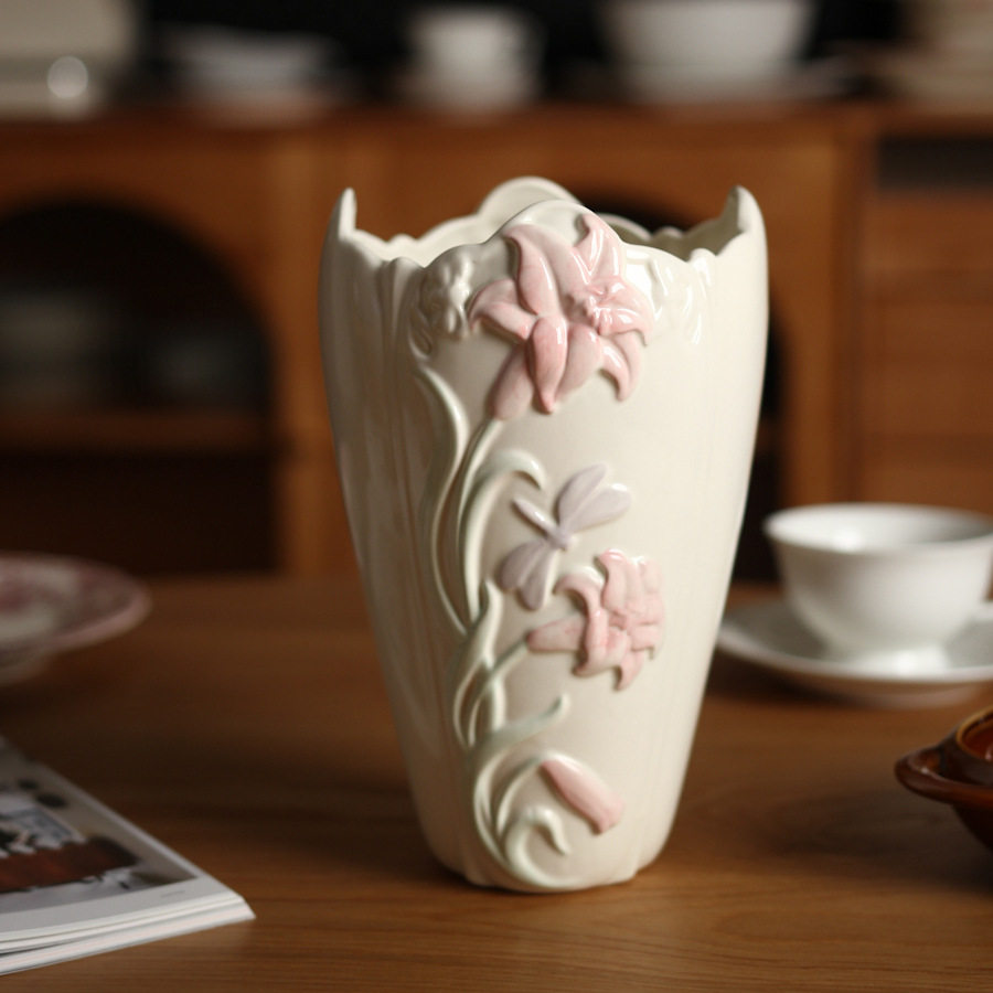 微瑕外单 美式田园风手绘浮雕敞口百合花插花鲜花花陶瓷花瓶