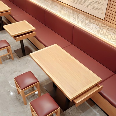 实木快餐面馆餐厅餐饮店带抽屉餐桌商用卡座沙发拌饭桌椅组合绢花