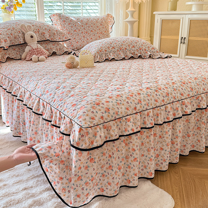 夹棉床裙单件床罩纯棉床围裙罩加厚全棉四季防滑床单笠带裙边遮丑