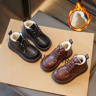 男童高帮皮鞋加绒中大童男孩宝宝棉鞋软底女童冬款保暖黑色小