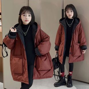 冬季女童两面棉衣洋气中长款保暖加厚棉服新款儿童双面穿中大童
