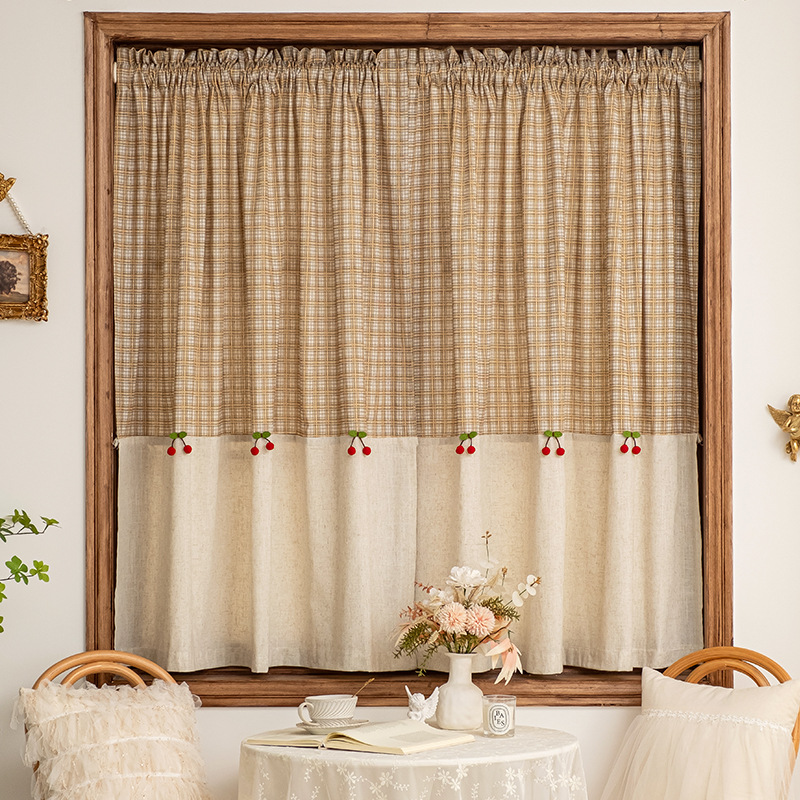 棉麻法式复古田园格子樱桃半帘免打孔窗帘小窗户厨房美式柜子门帘
