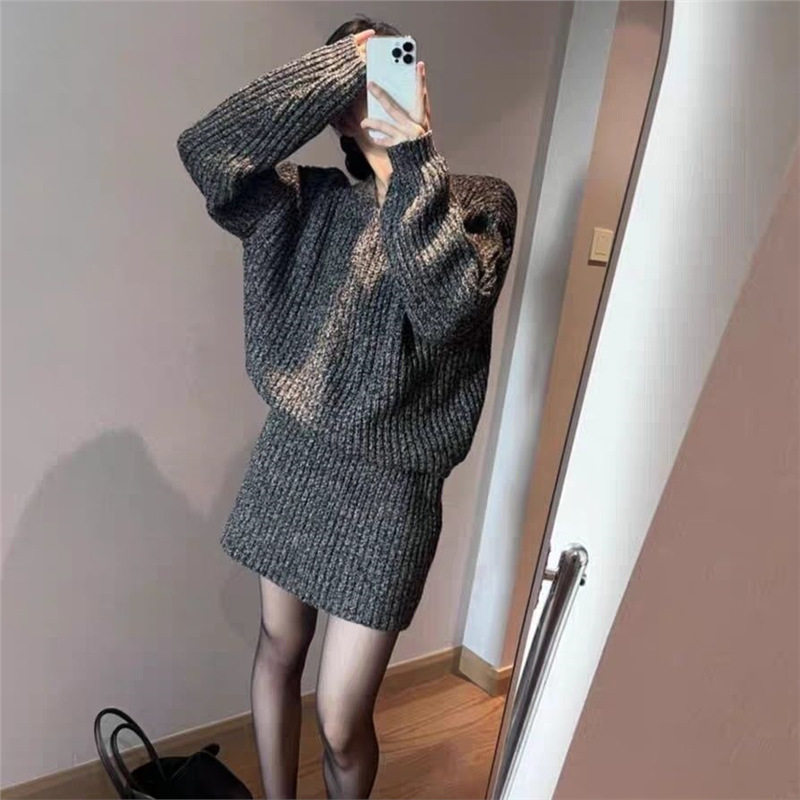 高级感气质毛衣套装裙女春秋冬季新款时尚甜美灰色针织裙两件套