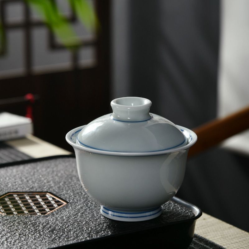 成艺陶瓷二才盖碗可悬停中式草木青防烫介杯敬茶器泡茶碗功夫茶具