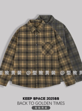 美式复古色织格纹工装衬衫夹克挺阔有型单口袋翻领外套25310#5052