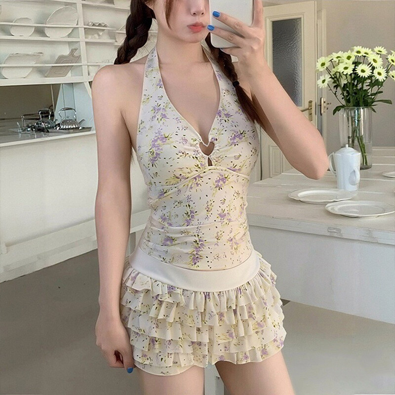 游泳衣女甜辣妹少女水果印花美背挂脖夏季分体度假两件套纯欲温泉