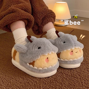 男女 居家防滑ins可爱鲨鱼蜜蜂保暖包跟毛毛鞋 鲨bee情侣棉拖鞋 冬季