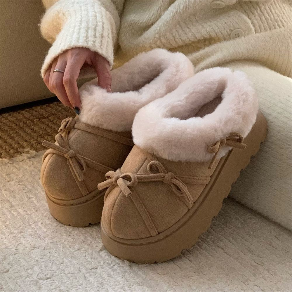 甜美蝴蝶结加绒乐福棉拖鞋女冬