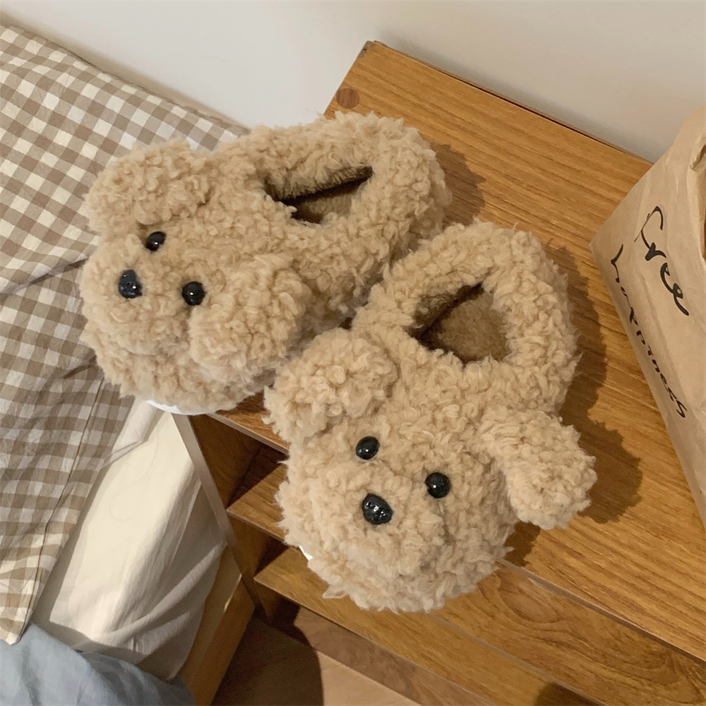 可爱小狗狗亲子棉拖鞋男女秋冬季儿童加绒保暖居家室内包跟毛绒鞋