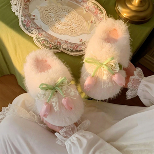 仙女风棉拖鞋 冬季 居家包头时尚 郁金香蕾丝毛毛鞋 学生女士网红法式