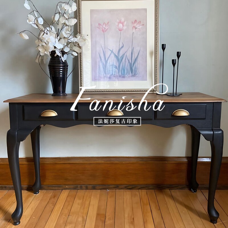 法式复古实木黑色玄关桌美式乡村入户客厅靠墙案台门厅装饰端景台