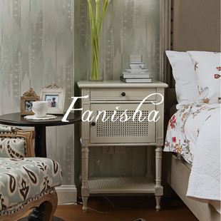 法妮莎Fanisha法式复古实木床头柜仿古白包藤个性床边柜 主卧家具