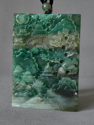 独山玉收藏级老天蓝料园林风光大牌子大，亭台楼阁，雕栏玉砌