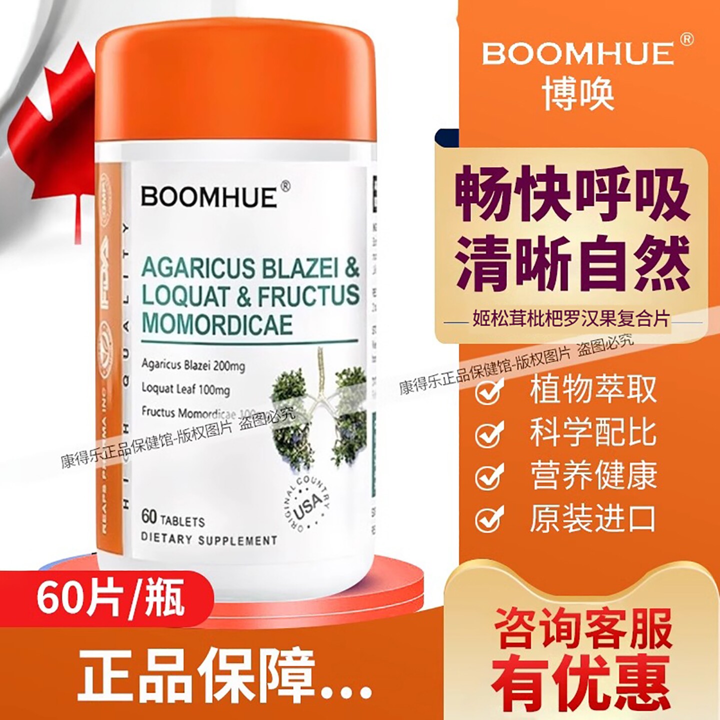 美国进口博唤槲皮素姬松茸枇杷罗汉果复合片中老年可搭呵护肺健康