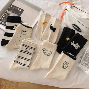 小狗袜子女春夏款 条纹长筒袜 中筒棉袜可爱日系ins潮网红春夏季
