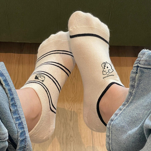 薄款 白色袜子女船袜夏季 纯棉防滑不掉跟ins潮可爱小狗浅口短筒袜