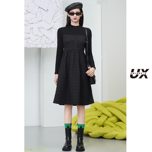 黑色拼接连衣裙女UX2022冬季新款中长款宽松收腰时尚休闲长裙