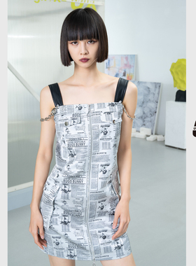 UX经典春夏季款女装灰色报纸花图案背心连衣裙女设计感气质时尚
