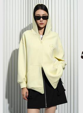 UX 2025春秋新款 浅黄色拉链连帽卫衣女 时尚通勤上衣 百搭单品