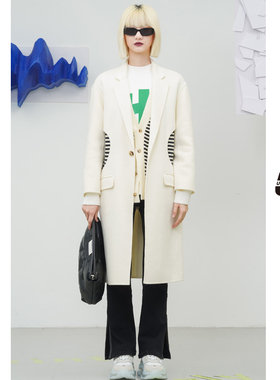 白色假两件双面呢大衣女UX经典冬季新款
