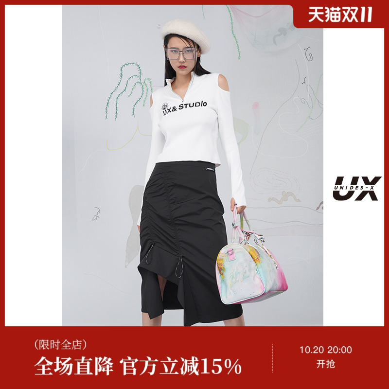 【呼呼严选专享】UX2025春季新款美式ins白色短款设计感立领露肩