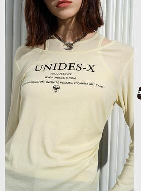 UX 2025春季新款 浅黄色两件套长袖T恤女 时尚通勤小众设计上衣