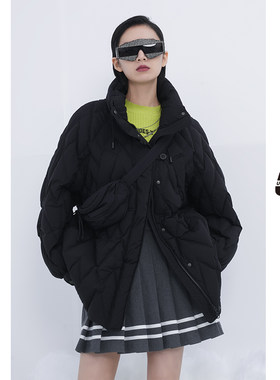 UX2025春新款黑色中长款羽绒服女菱形格宽松POLO领羽绒服女