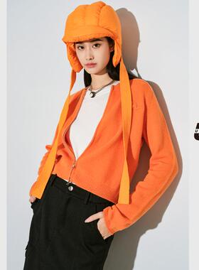 UX 冬季新款 橘黄色字母标拉链开衫女 时尚通勤百搭针织上衣