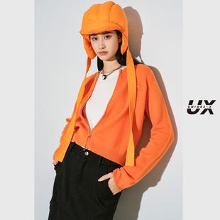 UX 冬季新款 橘黄色字母标拉链开衫女 时尚通勤百搭针织上衣