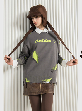 UX 秋季新款 灰色破洞提花毛衫女 时尚通勤小众设计针织衫