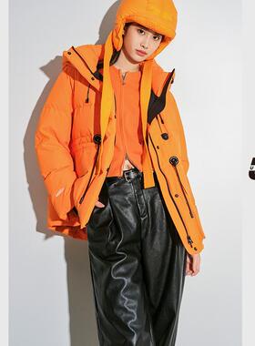UX 冬季新款 橘黄色贴标中长羽绒服女