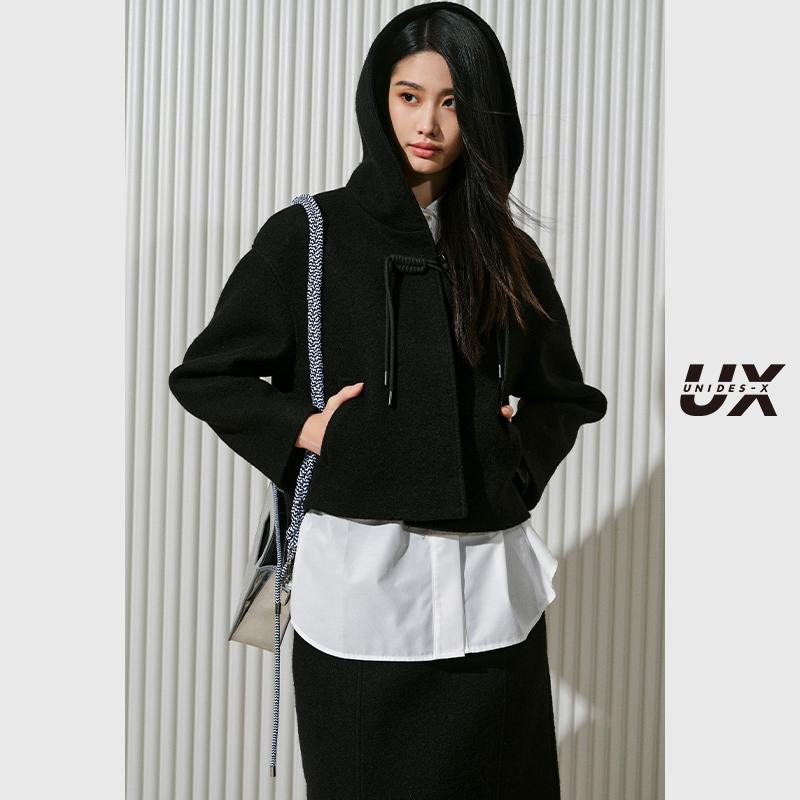 UNIDES-XUX黑色短款毛呢外套