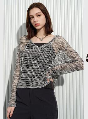 UX 2025春秋新款 灰色镂空毛衫套装女 时尚气质通勤百搭上衣