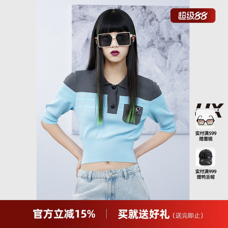 短袖撞色毛针织衫女UX经典春秋款短款收腰POLO领半袖套头毛衣