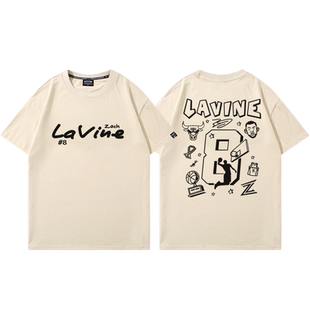 拉文涂鸦印花T恤男美式休闲篮球衣公牛队8号训练服潮流宽松短袖夏