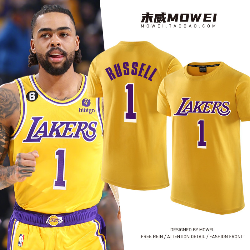 湖人队1号拉塞尔球衣男宽松美式篮球训练服短袖纯棉休闲运动T恤夏