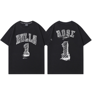 公牛罗斯t恤男美式休闲风城玫瑰经典1号球衣训练服宽松退役短袖夏