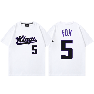 国王队福克斯5号篮球衣男美式复古休闲宽松纯棉短袖潮流夏季T恤