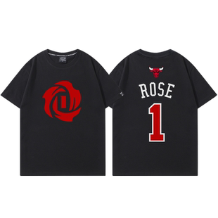 公牛罗斯t恤男退役纪念美式复古风城玫瑰1号球衣训练宽松纯棉短袖