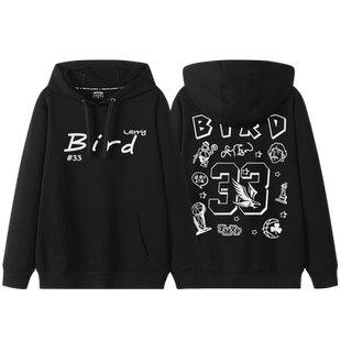 大鸟伯德涂鸦印花连帽卫衣男美式复古休闲秋冬加绒加厚33号篮球衣
