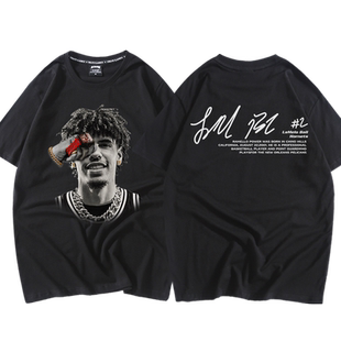 美式复古印花黄蜂队三球拉梅洛鲍纯棉T恤篮球衣潮流宽松短袖夏季