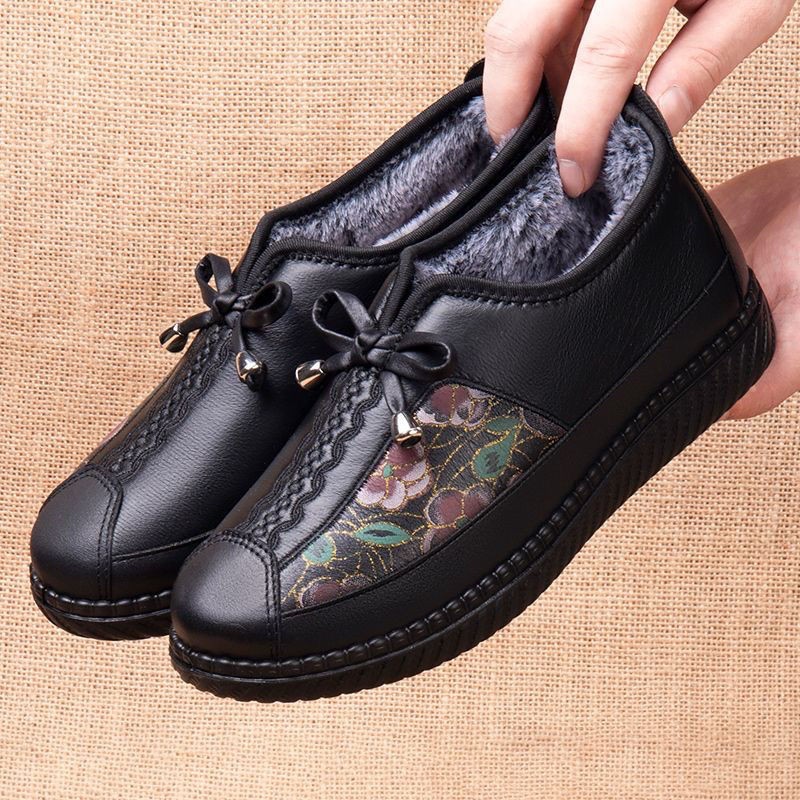 真皮冬季加绒奶奶鞋老北京布鞋女棉鞋保暖妈妈鞋软底防滑老太太鞋