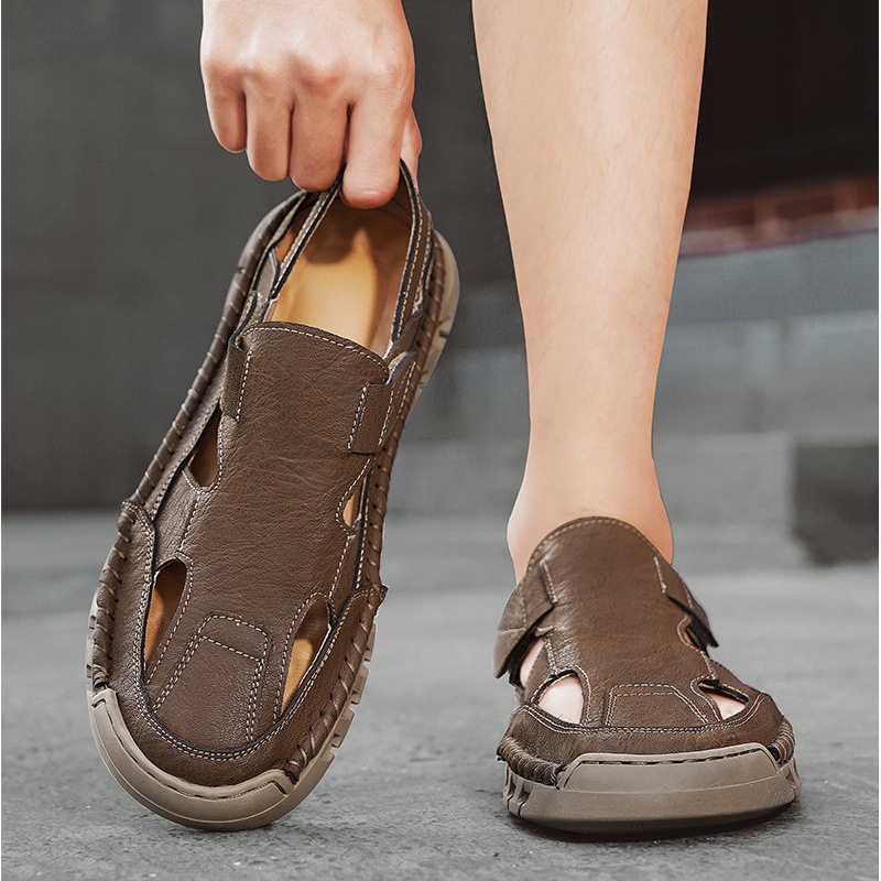 皮面凉鞋男款夏季外穿镂空透气包头洞洞鞋男士爸爸开车上班沙滩鞋