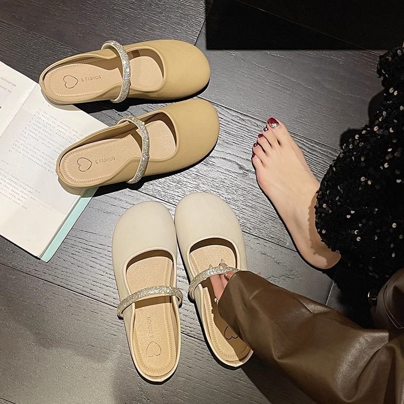 包头半拖鞋女春夏季2025年新款时尚网红亮钻半托单鞋软底外穿凉拖