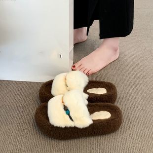34码特小码女鞋33毛毛拖鞋女士冬外穿2025新款防滑厚底超火棉拖鞋