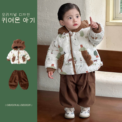 2025新款卡通印花儿童棉服套装男女婴幼儿冬装加厚外套裤子