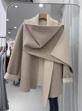 大牌双色双面羊毛羊绒大衣中长款围巾斗篷披肩加厚慵懒宽松女外套